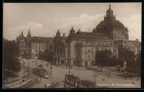 AK Frankfurt a. M, Strassenbahnen am Schauspielhaus mit Märchenbrunnen