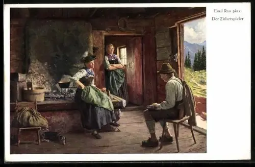 Künstler-AK Zitherspieler und Zuhörerinnen am Ofen