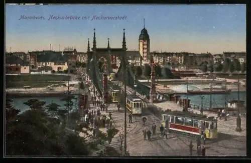 AK Mannheim, Neckarvorstadt, Strassenbahnen fahren auf der Neckarbrücke