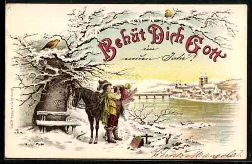 Lithographie Behüt Dich Gott!, Trompeter mit Pferd, Winterbild