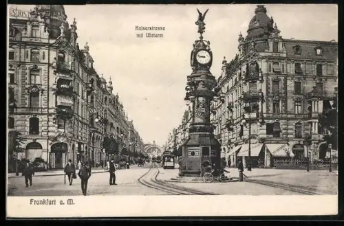 AK Frankfurt a. M., Partie in der Kaiserstrasse mit Uhrturm und Strassenbahn
