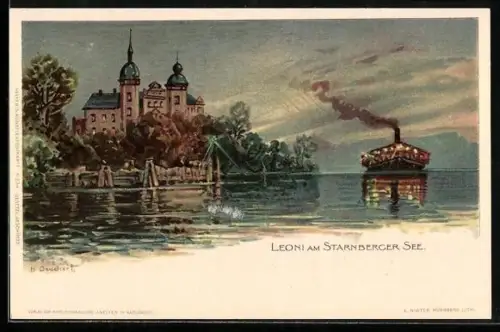 Künstler-AK Berg / Starnberger See, Hotel Leoni, Dampfer