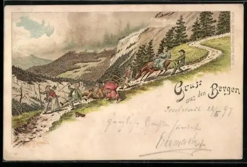 Lithographie Männer und Frauen beim Bergsteigen