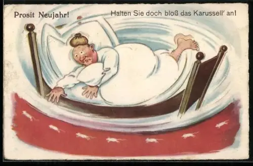 Künstler-AK Betrunkener fährt im Bett Karussell