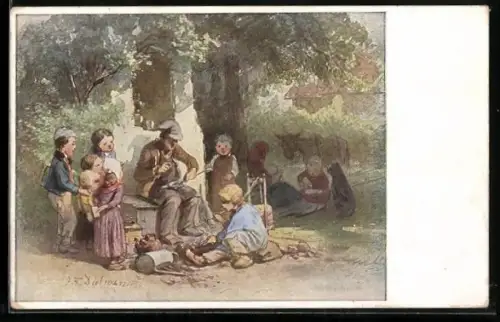 Künstler-AK sign. J. F. Dielmann: Der alte Kesselflicker mit Kindern