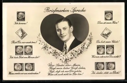 AK Briefmarkensprache, Herr im Anzug mit Herz-Motiv