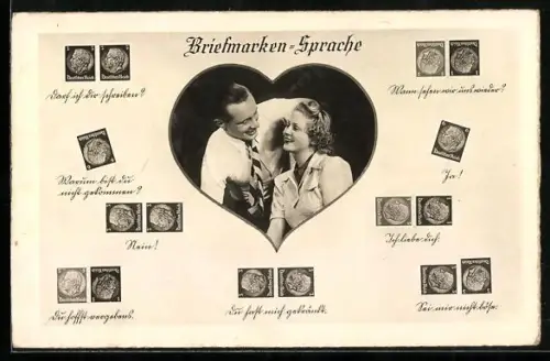 AK Briefmarkensprache: Ja ! & Ich liebe Dich!, Liebespaar im Herz