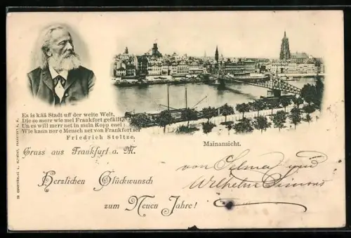 AK Frankfurt a. M., Mainansicht mit Brücke, Zitat von Friedrich Stoltze