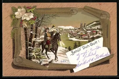 Lithographie Behüt Dich Gott! Trompeter von Säckingen im Winter
