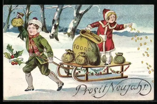 AK Kinder verstreuen Goldmünzen im Winter von ihrem Schlitten aus
