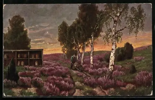 AK alter Mann mit Schubkarre bei seiner Imkerei