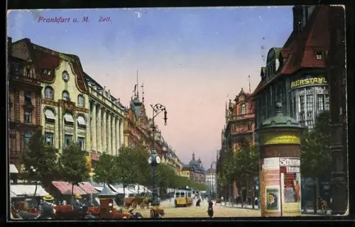 AK Frankfurt /Main, Zeil mit Strassenbahn und Litfasssäule
