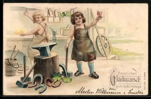 AK Kleiner Schmied hebt ein Glas, Herzlichen Glückwunsch zum Geburtstag