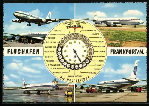 AK Frankfurt a.M., Flughafen, Flugzeuge, Weltzeituhr