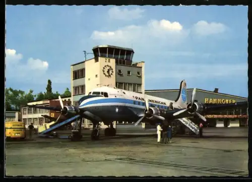 AK Hannover, Flughafen-Tower mit Pan America-Maschine