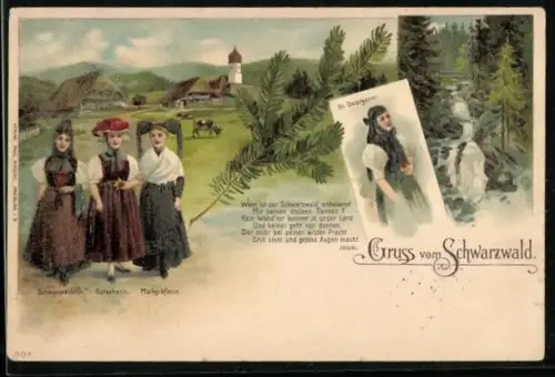 AK Drei junge Fraun in Trachten aus dem Schwarzwald, Gutach und Markgrafenland