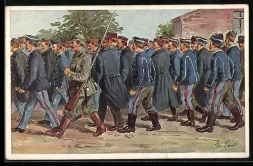 AK Transport gefangener belgischer Infanterie, Artillerie und Kavallerie