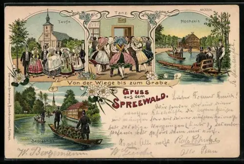 Lithographie Spreewald, Taufe, Tanz, Hochzeit und Begräbnis in Spreewald-Trachten