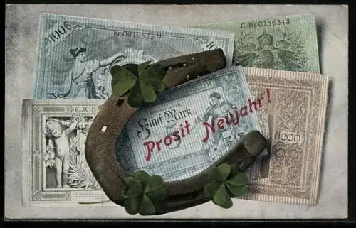 AK Geldscheine mit einem Hufeisen, Neujahrsgruss