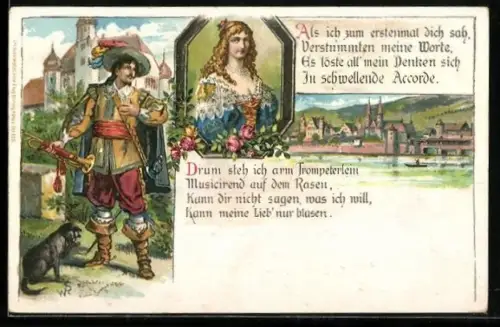 AK Behüt Dich Gott! Stadtansicht, Frauenportrait, Trompeter von Säckingen