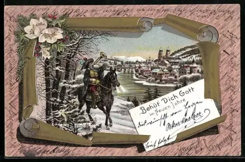AK Säckingen, Behüt Dich Gott!, Reiter im Schnee, Bild schöm umrahmt