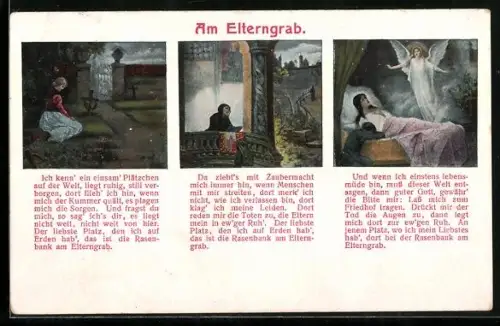 AK Mädchen auf dem Friedhof, Engel über dem Sterbebett, Am Elterngrab
