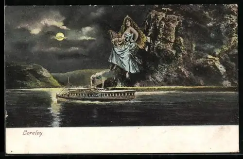 AK Loreley-Figur auf ihrem Felsen und ein Dampfer