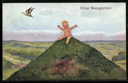 AK Kriegsnot, Ohne Bezugsschein, nacktes Kleinkind sitzt auf einem Hügel