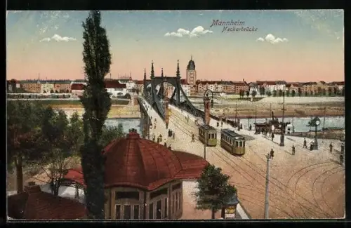 AK Mannheim, Strassenbahnen vor der Neckarbrücke