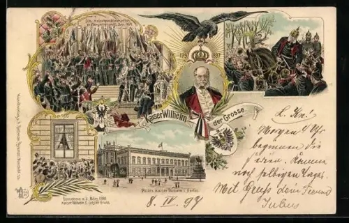 Lithographie Portrait Kaiser Wilhelm I., Kaiserproklamation zu Versailles 1871