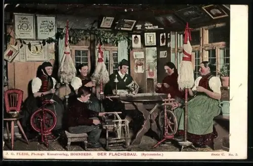 AK Der Flachsbau, Familie in der Stube bei der Flachsverarbeitung, Spinnrad