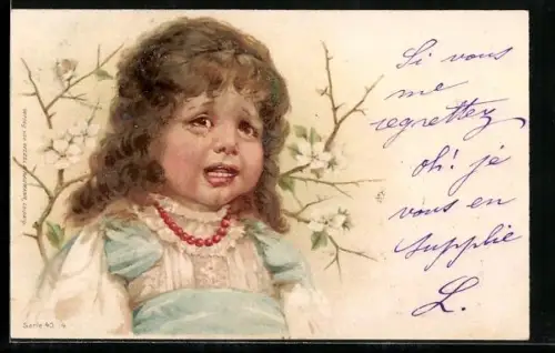 Lithographie Reims, A la Glaneuse, 11 & 13, Rue Colbert, Weinendes Kind im Kleid