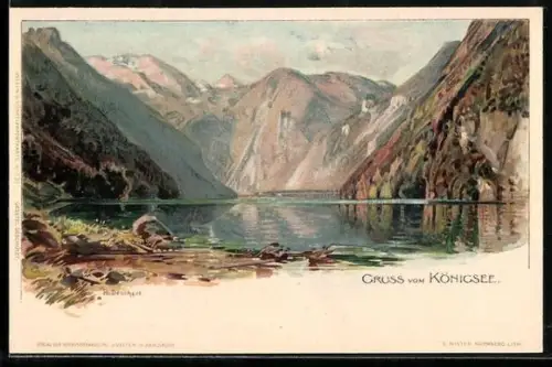 Lithographie Königsee / Obb., See mit Gebirgslandschaft