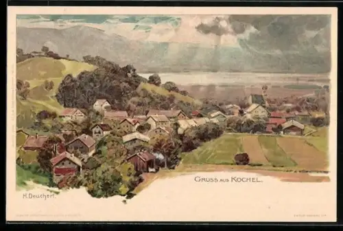 Künstler-AK H. Deuchert: Kochel, Ortsansicht von oben, Sonnenstrahlen durchbrechen die Wolken