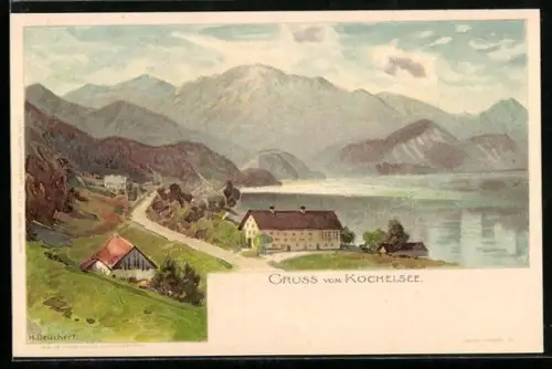 Künstler-AK Kochelsee, Seeblick mit Bergen und Häusern