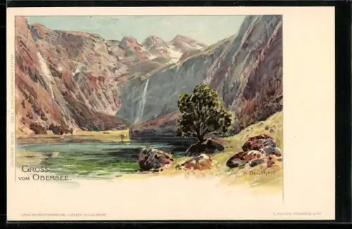 Lithographie Berchtesgaden, Obersee, Seeufer und Gebirgslandschaft