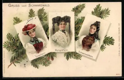 Lithographie Schwarzwald, Schwarzwälder Trachten, Gutacherin, Markgräflerin und Schwarzwälderin