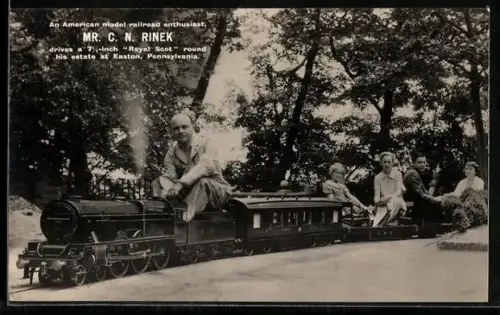 AK Easton, PA, American model railroad enthusiast Mr. C. N. Rinek drives a Royal Scot model round his estate