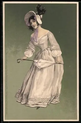 Künstler-AK M. S. M.: Fräulein mit Hut und Schirm