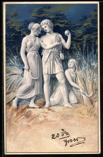 AK Junge Leute mit Sichel bei der Getreideernte, Jugendstil