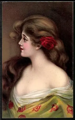 Lithographie Dunkelhaarige Schönheit mit Rose im Haar