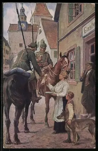 AK Soldaten der Kavallerie machen Rast bei einer Gastwirtschaft und trinken ein Bier