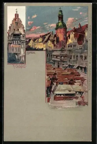 Künstler-AK Raffaele Carloforti: Leipzig, Blick über Marktstände auf das Rathaus