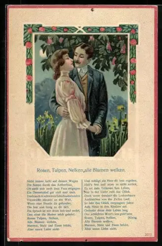 AK Rosen, Tulpen, Nelken alle Blumen welken, Liebespaar
