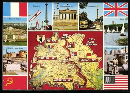 AK Berlin, die 4 Militärsektoren Berlins mit Siegessäule, Olympia-Stadion und Funkturm
