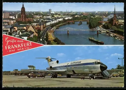 AK Flughafen Frankfurt, Lufthansa-Maschine und Mainlauf mit Eisernem Steg