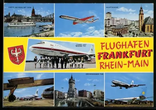 AK Frankfurt, Rhein-Main-Flughafen in vier Ansichten, Partie am Main mit Dom, Hauptwache, Eschenheimer Tor