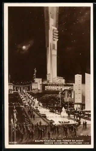 AK Glasgow, Empire Exhibition 1938, South Cascade and Tower by night, Ausstellung