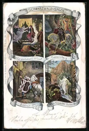 AK Schwarzwald-Sagen, Die Geisterhochzeit zu Lauf, Fremersberg, Baldreit, Die Felsen bei Baden-Baden