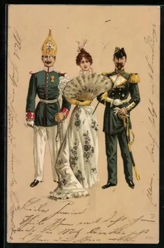 Lithographie Elegante Frau mit Fächer flankiert von zwei Soldaten